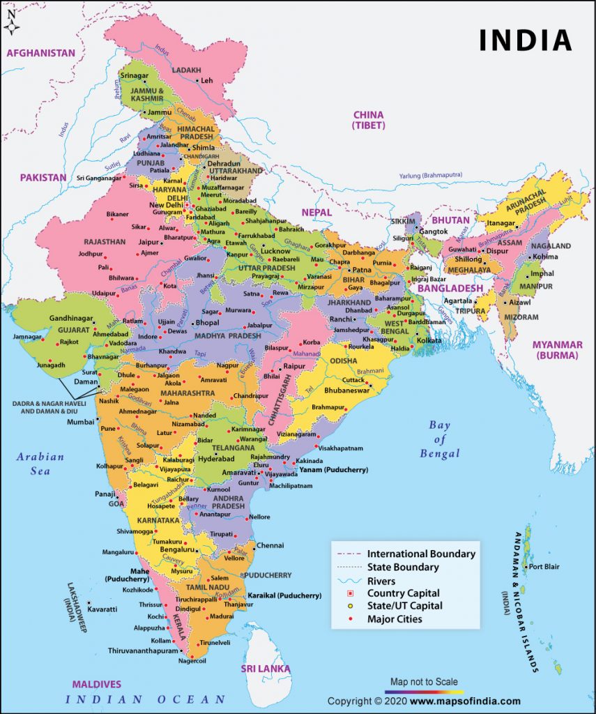 India: Political map of India and its states and some important information